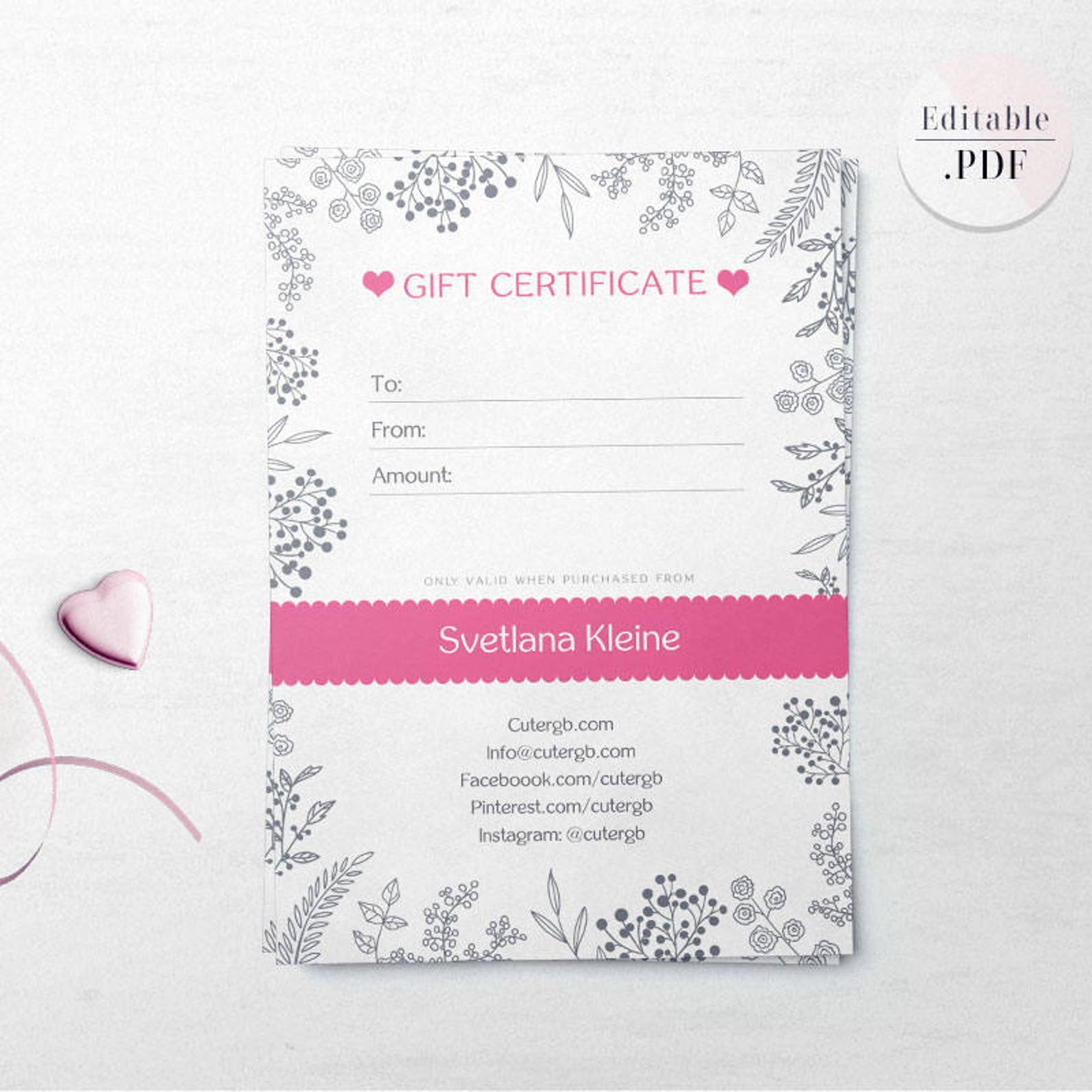 Pink Gift Certificate Editable .PDF 4x6 Pink Gift Card For Etsy