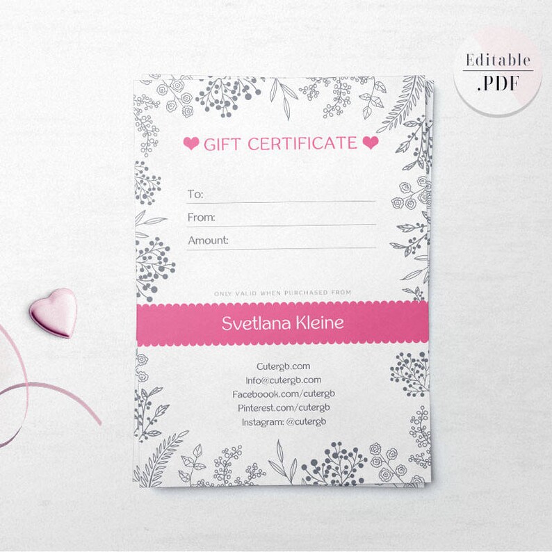 Pink Gift Certificate Editable .PDF 4x6 Pink Gift Card For Etsy