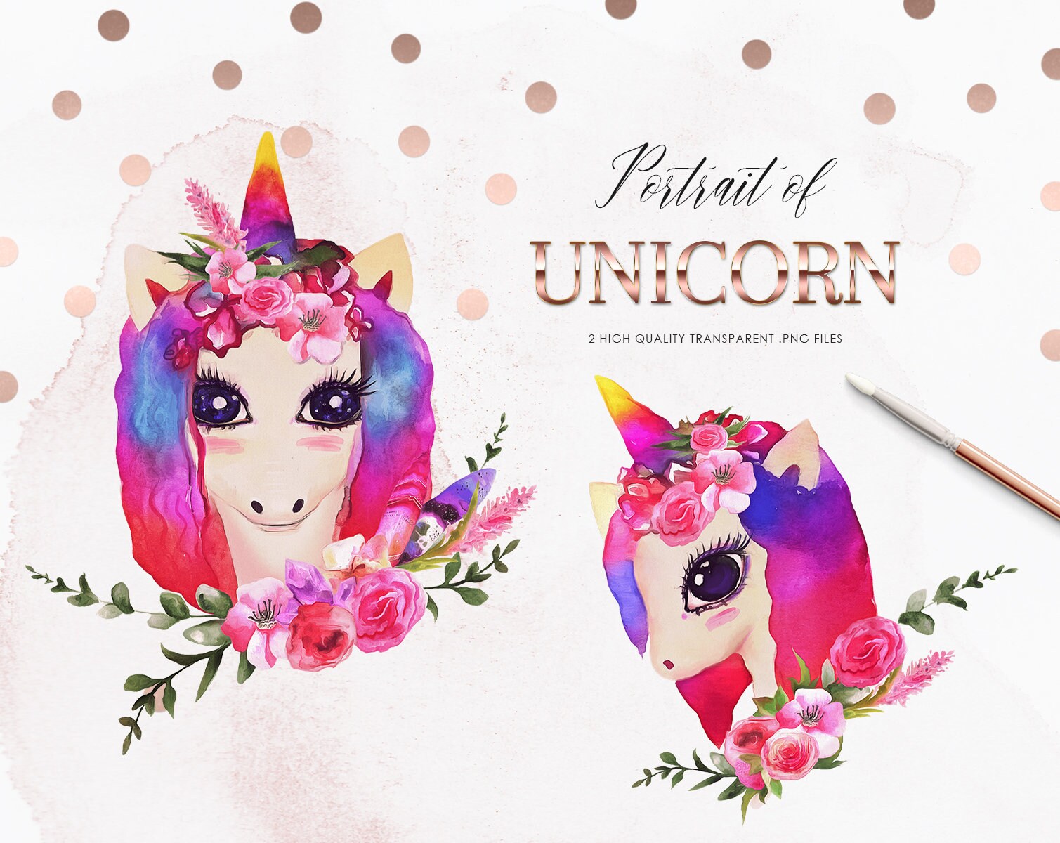 2 watercolor unicorn head clip art floral unicorn clipart etsy