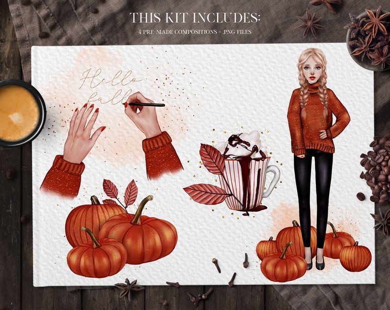 Coffee PNG Commercial Use OK for Stickers Pumpkins Illustration Autumn Leaves Fall Clip Art Planner Girl Autumn Girl Clipart