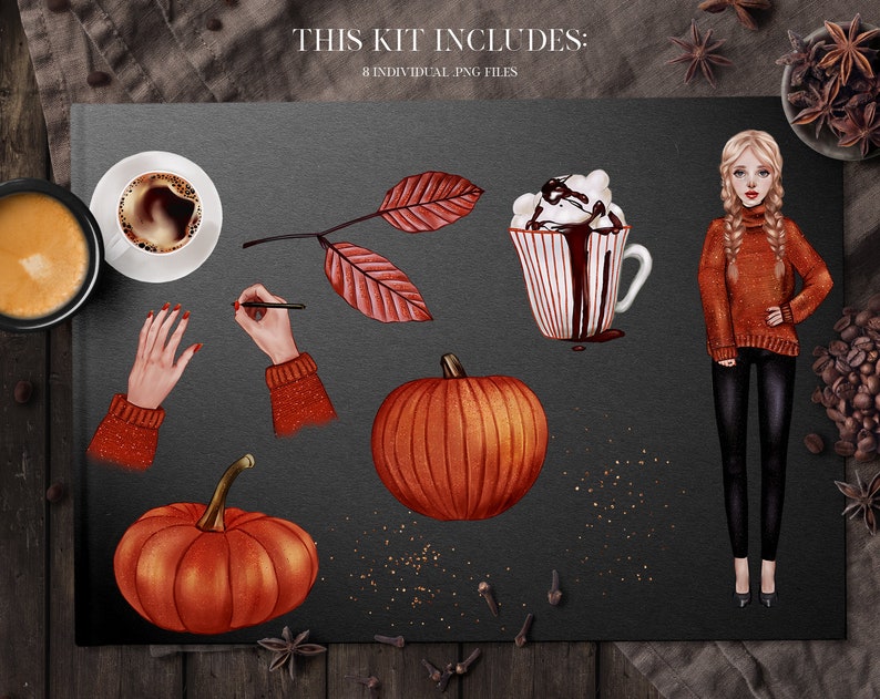 Coffee PNG Commercial Use OK for Stickers Pumpkins Illustration Autumn Leaves Fall Clip Art Planner Girl Autumn Girl Clipart