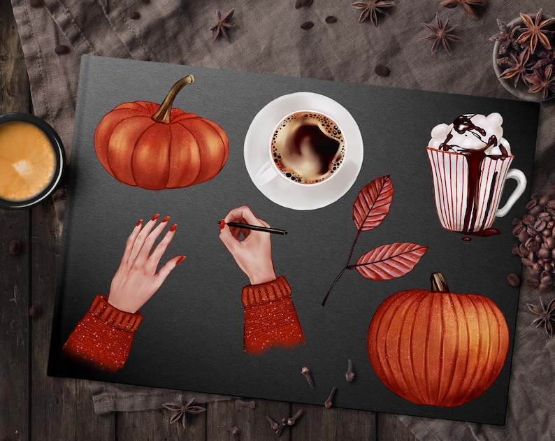 Coffee PNG Commercial Use OK for Stickers Pumpkins Illustration Autumn Leaves Fall Clip Art Planner Girl Autumn Girl Clipart