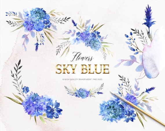 8 Blue Flowers Clipart Watercolor Bouquets Navy Blue Flowers Etsy