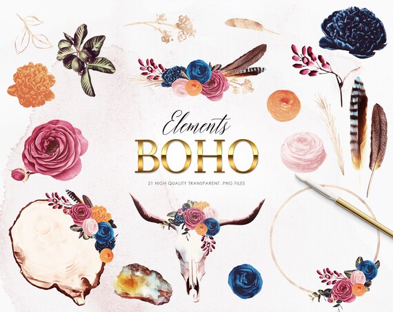 20 Boho Clipart Set Bohemian Flowers Wild Elements | Etsy