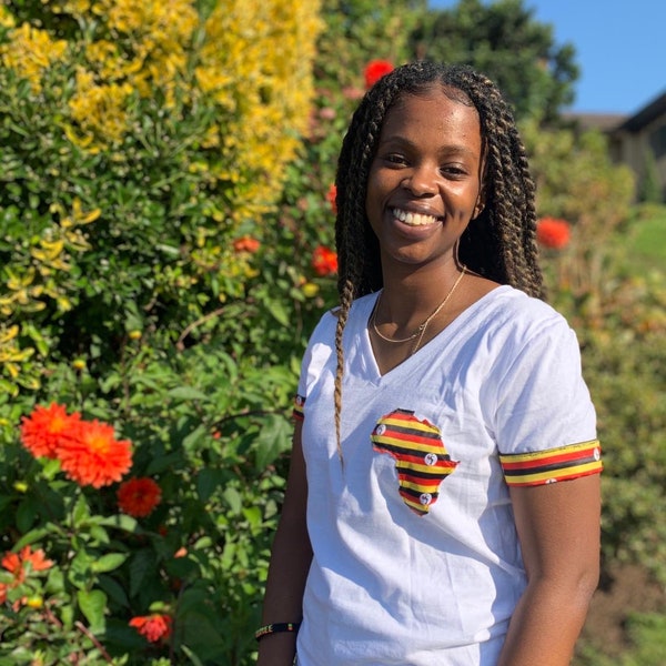 Ugandan Flag Satin Pride Shirt/ Uganda tee/ ugandan clothing/ Africa/ BHM /African Women clothing/necklace/map/east africa/natural hair