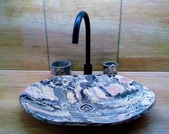Vessel sink, marble like, with a touch of pink - ready to ship - + toothbrush holder or liquid soap holder - handmade