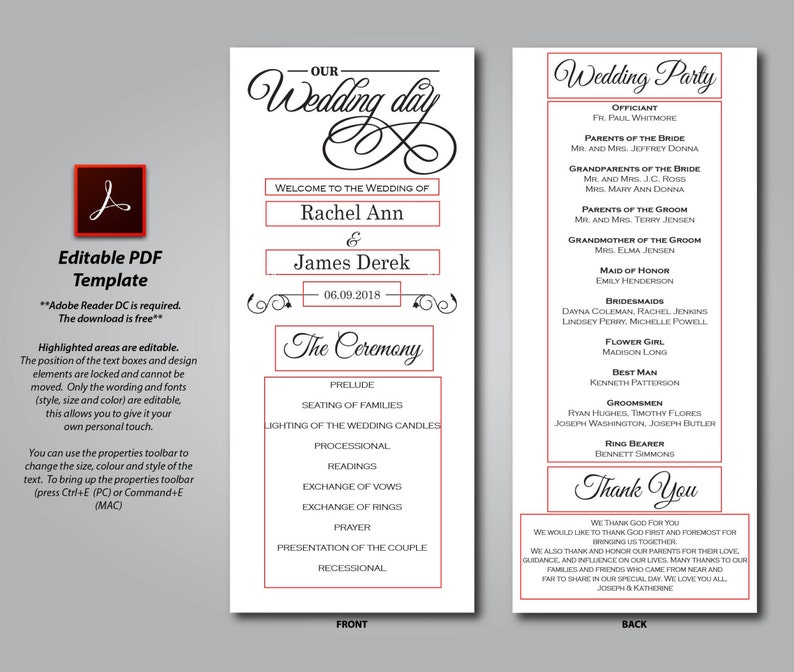 Wedding Ceremony Wedding Program Template EDITABLE PDF Rustic Program Elegant DIY Printable Instant Download E08A Kraft Paper White