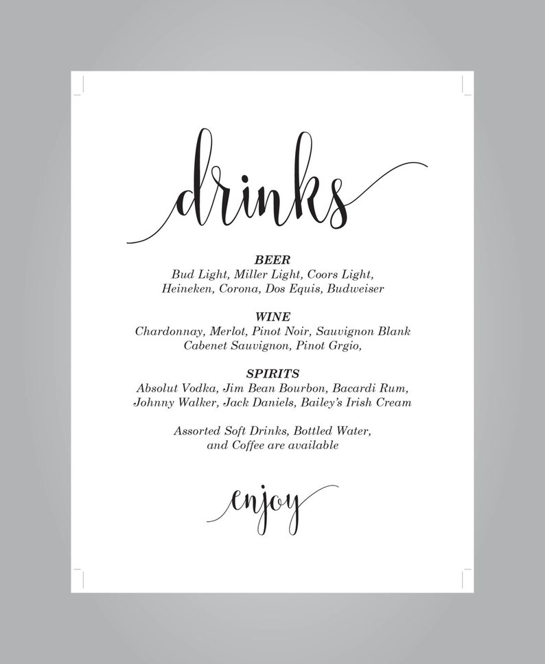 Instant Download E69B Wedding Drinks Sign Kraft Paper Reception Drinks Sign DIY Editable PDF Cards and Gifts Rustic Wedding