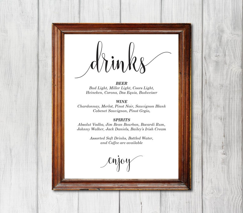 Instant Download E69B Wedding Drinks Sign Kraft Paper Reception Drinks Sign DIY Editable PDF Cards and Gifts Rustic Wedding