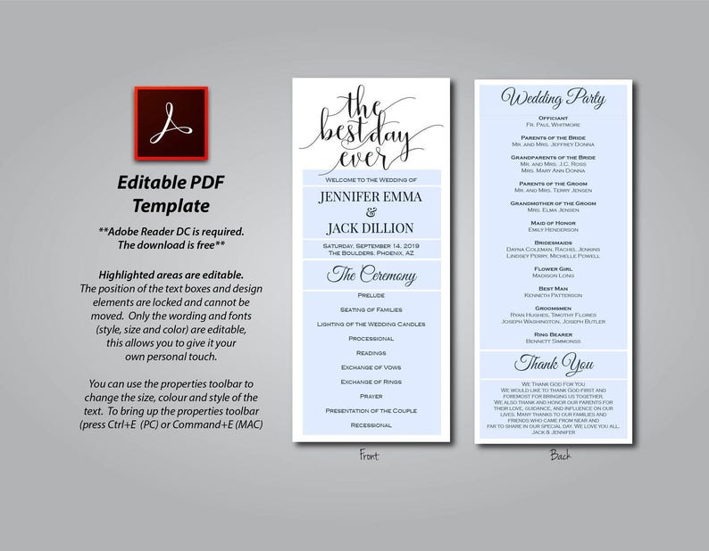 Wedding Ceremony The Best Day Ever EDITABLE PDF Instant Download E126A Wedding Program Kraft Program Digital Template DIY Printable