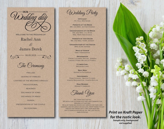 Wedding Ceremony Wedding Program Template EDITABLE PDF Rustic Program Elegant DIY Printable Instant Download E08A Kraft Paper White
