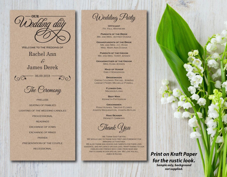 Wedding Ceremony Wedding Program Template EDITABLE PDF Rustic Program Elegant DIY Printable Instant Download E08A Kraft Paper White
