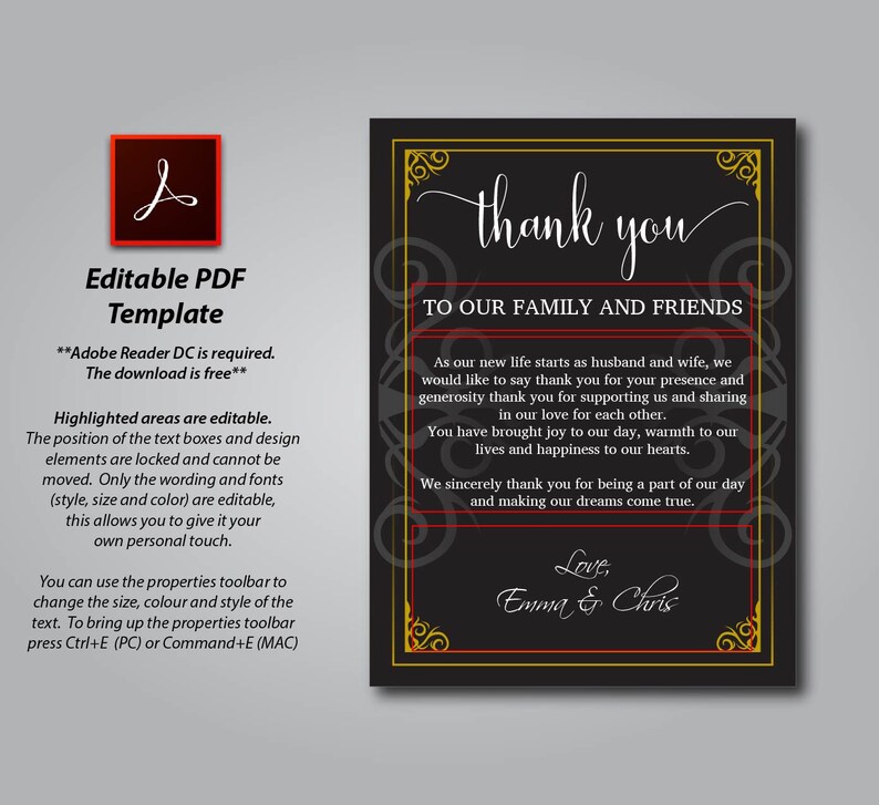 wedding thank you letter black and gold letter thank you etsy