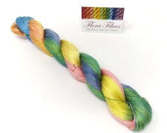 4ply (fingering weight), rainbow, Tencel yarn, naturally dyed vegan yarn, for knitting crochet weaving, UK. Batch 210.
