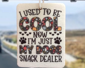 Reusable eco friendly funny car air freshener. Car accessories funny meme gift I used to be cool now I’m just my dogs snack dealer