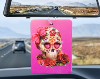 Pink flower skull Reusable eco friendly funny car air freshener. Sweary swear word profanity gift