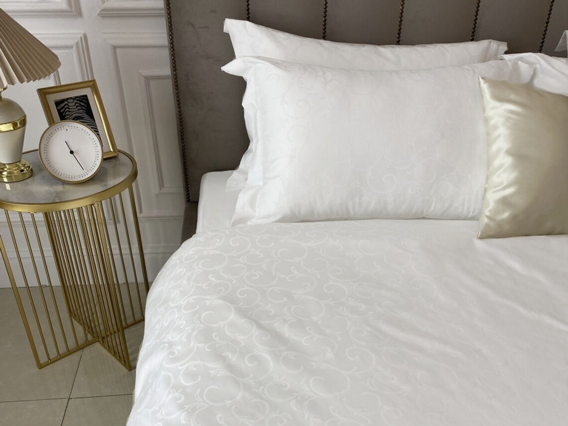 White jacquard duvet cover 100 cotton sateen queen king Etsy