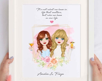 Personalised Best Friends Print Custom Cartoon Portrait Birthday Gift For Her Custom Caricature Gifts For Best Friend Female Friendship Gift