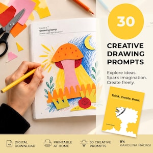 May include: A creative drawing prompt book titled 30 Creative Drawing Prompts, featuring a page with a collage of a mushroom, sun, and moon, alongside a yellow cover book titled Think. Create. Draw. by Karolina Nádasi.