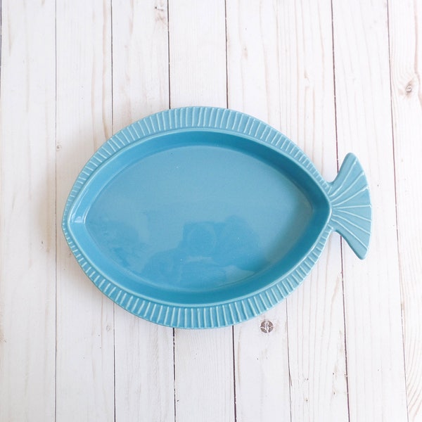 Vintage 1960s Ceramic Teal Fish Tray Dish Platter Bowl Midcentury Server Serving Catch-All Glazed Stoneware Turquoise Blue