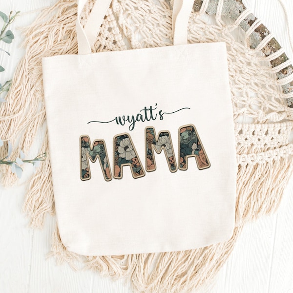 Personalized Boho Mama Tote Bag, Reusable Canvas Tote for Mom, Mothers Day Gift with Kids Names, Custom Floral Embroidery Effect