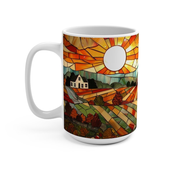 Stained Glass Effect Pumpkin Patch Mug, Fall Autumn Harvest Pumpkins, White Farmhouse Rolling Hills, Maple Trees Fall Foliage Coffee Cup