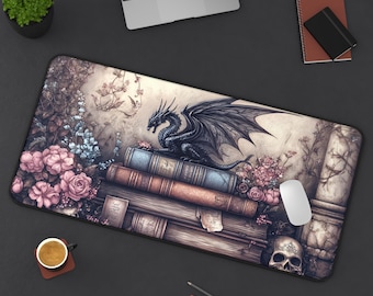 Book Dragon Desk Mat: Gothic Floral Skull Gaming Mat