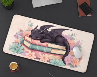 Floral Book Dragon Desk Mat: Pastel Anime Gaming Mouse Pad