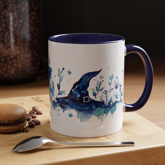 Witchy Mug, Blue Witch Hat Coffee Cup, Watercolor Wiccan Mug 