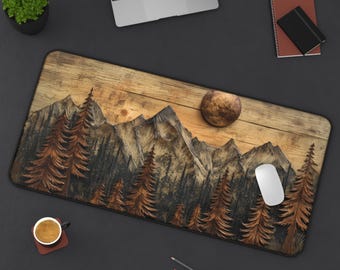 Carved Wood Mountain Desk Mat: Pine Tree Forest Mouse Pad