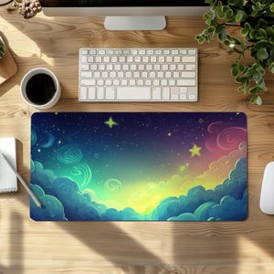 Alfombrilla de escritorio con diseño de cielo de neón de Anime LoFi, alfombrilla de ratón extragrande con nubes de dibujos animados de colores, arte inspirado en la naturaleza, decoración para el hogar y la oficina, alfombrilla para juegos