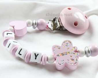 Wooden Dummy Clip - Personalised Dummy Clip - Dummy Chain - Pacifier Clip - Pink Butterfly - New Baby Gift