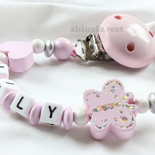 Wooden Dummy Clip - Personalised Dummy Clip - Dummy Chain - Pacifier Clip - Pink Butterfly - New Baby Gift