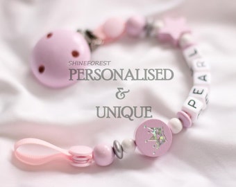 Dummy Clip With Ribbon - Pink Crown -  Personalised Dummy Clip - Dummy Chain - Pacifier Clip - New Baby Gift