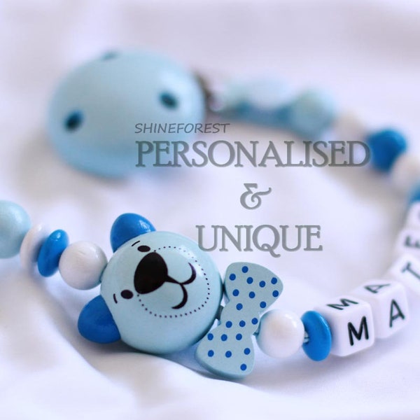 Dummy Clip With Ribbon & 3D Baby Blue Teddy Bear - Personalised - Dummy Chain - Pacifier Clip - New Baby Gift