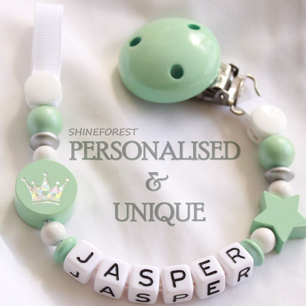 Dummy Clip With Ribbon - Mint Crown -  Personalised Dummy Clip - Dummy Chain - Pacifier Clip - New Baby Gift