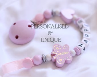 Dummy Clip With Ribbon - Pink Butterfly -  Personalised Dummy Clip - Dummy Chain - Pacifier Clip - New Baby Gift