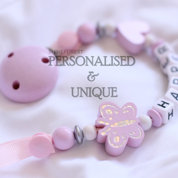 Dummy Clip With Ribbon - Pink Butterfly -  Personalised Dummy Clip - Dummy Chain - Pacifier Clip - New Baby Gift