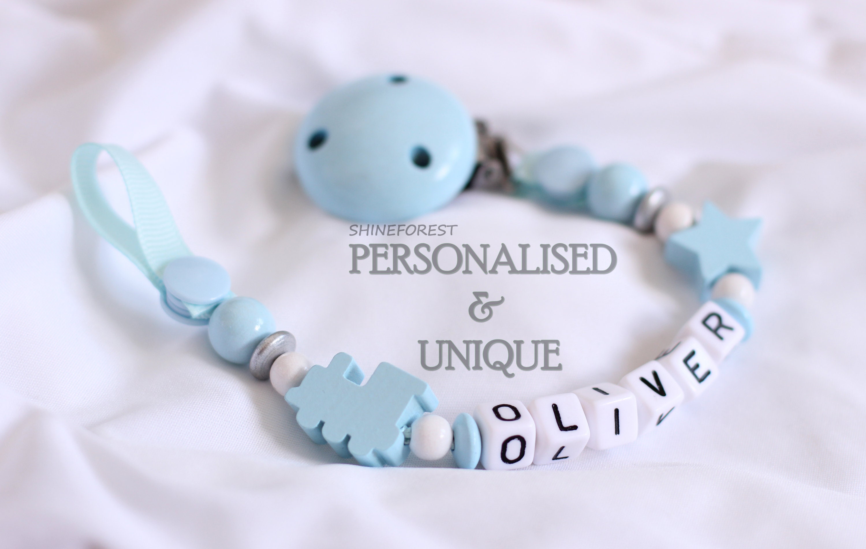 Dummy Clip With Ribbon & Baby Blue Train - Personalised - Dummy Chain…