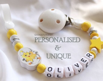 Dummy Clip With Ribbon - Chick and Star -  Personalised Dummy Clip - Dummy Chain - Pacifier Clip - New Baby Gift