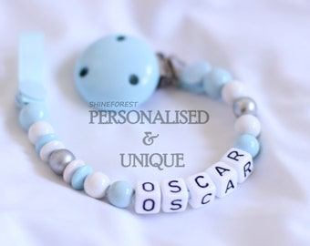 Boy Dummy Clip - Wooden Personalised Dummy Clip - Dummy Chain - Pacifier Clip - Classic Blue - Baby Boy gift