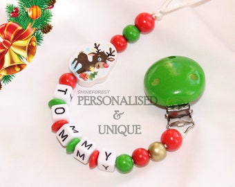 Christmas Theme Christmas Reindeer - Wooden Dummy Clip - Personalised Dummy Clip - Dummy Chain - Pacifier Clip - New Baby Gift