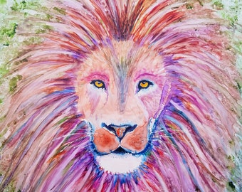 Lion Spirit - Abstract Wild Animal Watercolor Painting - Fine Art Print from Original Painting - Colorful Wild Cat Decor