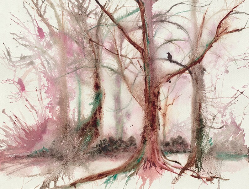 Frosty Morning Abstract Woodland Watercolor Painting Fine Art Print from Original Watercolor Painting Colorful Woodland Decor image 1