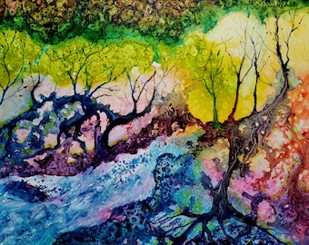 Enchanted Woods - Abstract Woodland Watercolor Painting - Fine Art Print from Original Painting - Colorful Forest Decor