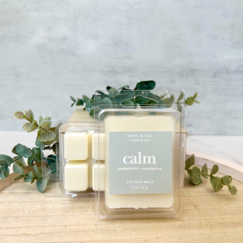 Puede incluir: Un recipiente de pl&aacute;stico transparente con una fusi&oacute;n de cera de soja blanca en su interior. La fusi&oacute;n de cera est&aacute; etiquetada como "calm peppermint + eucalyptus" y es una fusi&oacute;n de cera de soja de 2 oz (57 g) de Soul & Sea Candle Co.