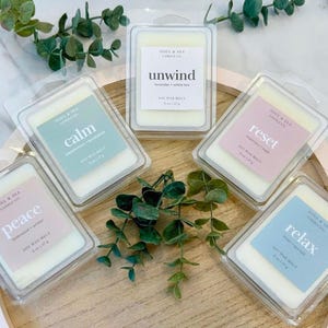 Puede incluir: Seis cuadrados de cera fundente en recipientes de pl&aacute;stico transparente. Los cuadrados de cera fundente est&aacute;n etiquetados con las palabras "peace", "calm", "unwind", "reset", "relax" y "joy".