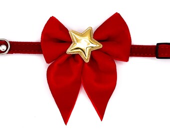 Gold Star And Red Velvet Ribbon Cat Collar