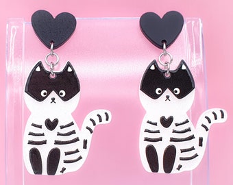 Sterling Silver 925 and Acrylic Striped Black And White Squeleton Cat Heart Earrings