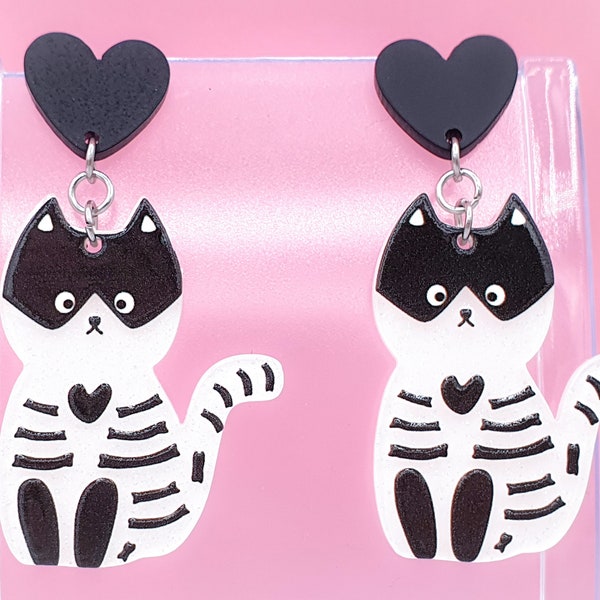 Argent Sterling 925 Et Acrylique Chat Rayé Noir et Blanc Squelette Coeur Boucles D’Oreilles